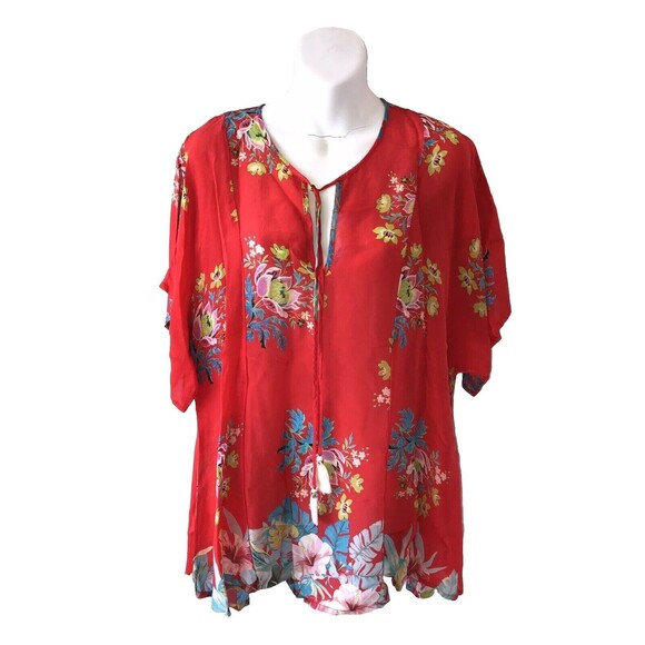 Johnny Was Red Floral Top Drop Tie Tassels Rayon Tunic Boho Women's Medium EUC - Picture 1 of 9